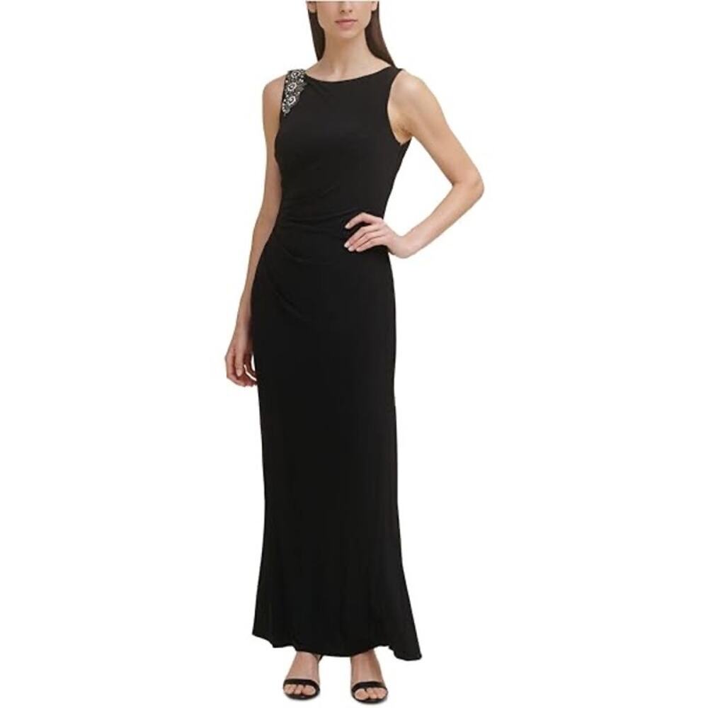 Vince Camuto Black Embellished Shoulder Sleeveless Formal Evening Maxi Dress